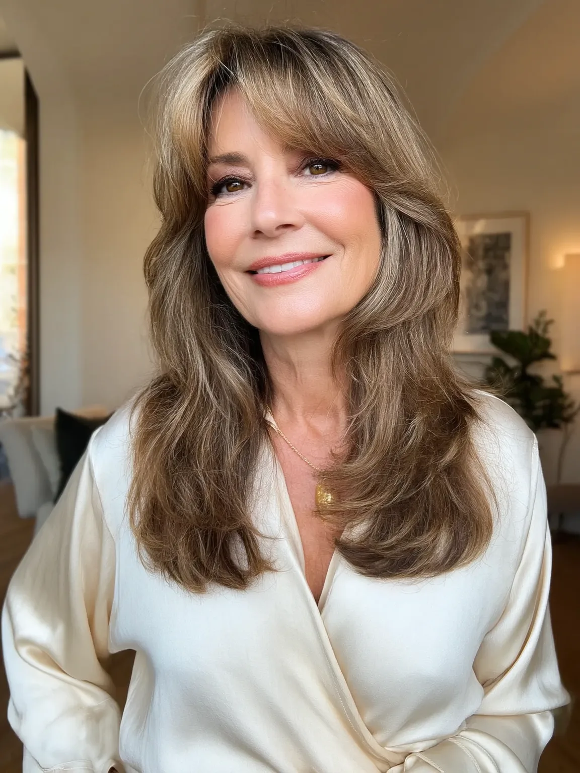 Long Honey Blonde Balayage Feathered Layers with Curtain Bangs